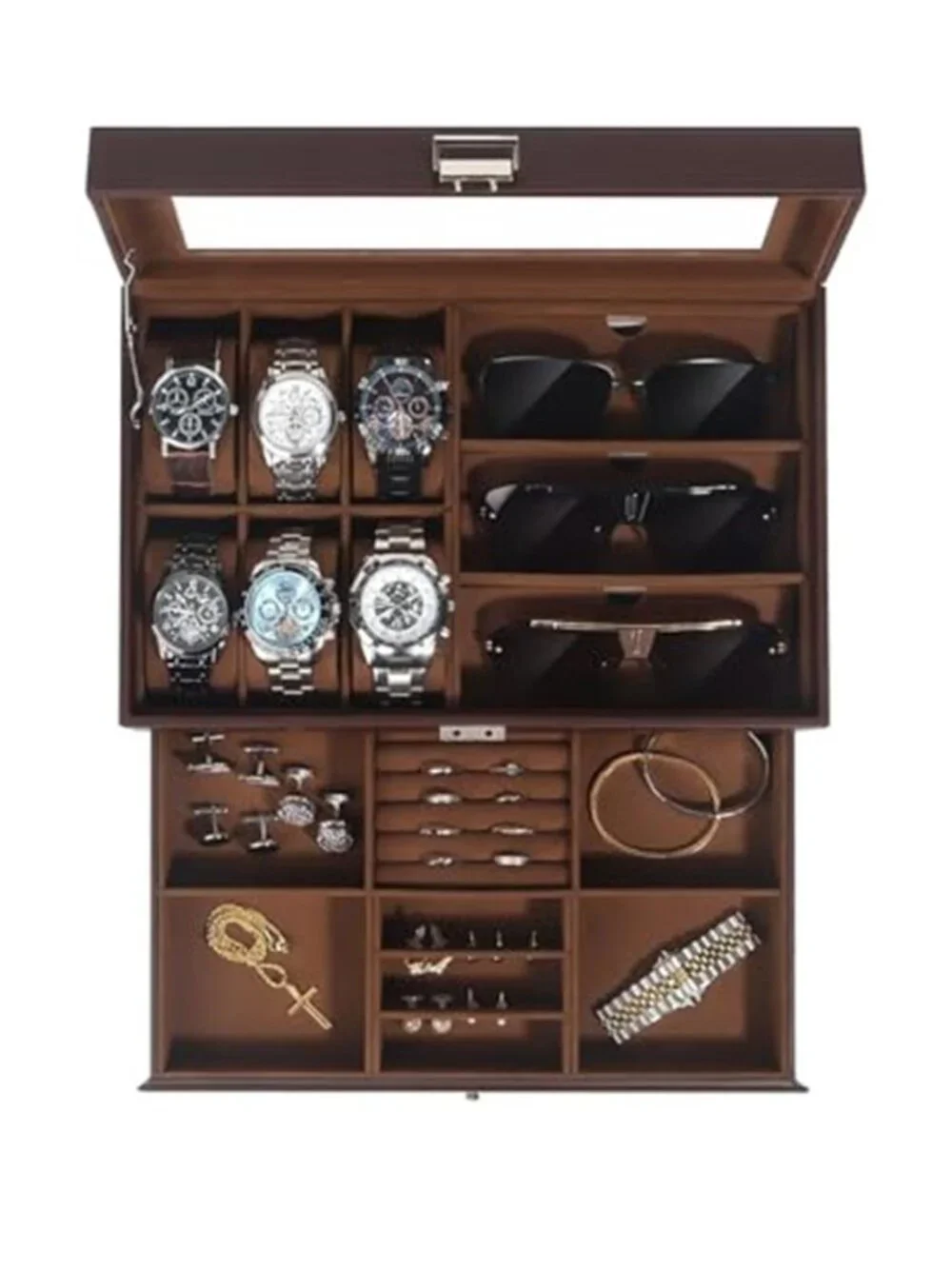 Watch Jewelry Box Organizer 6-Slot 2-Layer Watch Case and Sunglasses Storage